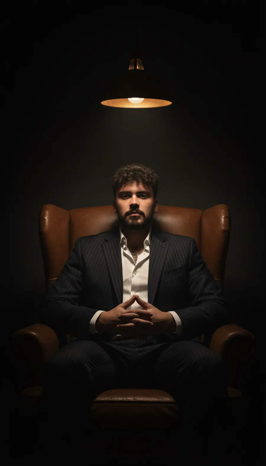 Retrato numa poltrona sob luz baixa, gerado com IA