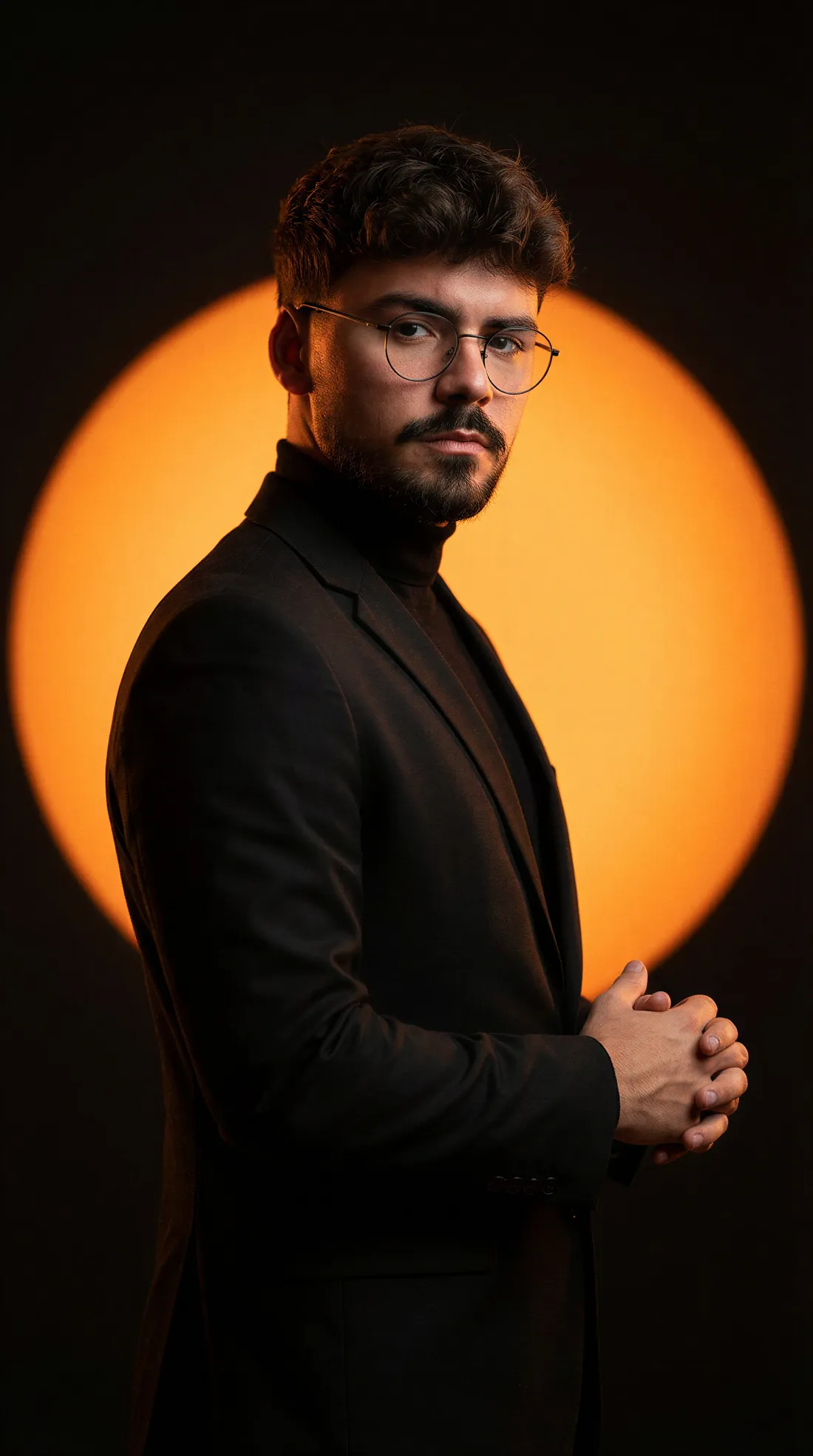 Retrato com círculo laranja ao fundo, gerado com IA