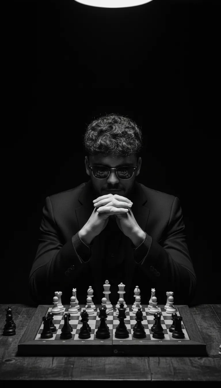 Retrato diante de um tabuleiro de xadrez, gerado com IA